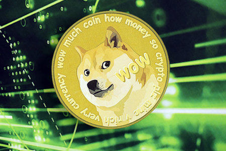 KYIV, UKRAINE - OCTOBER 9, 2025 Dogecoin cryptocurrency coin sticker on green chart banner. Concept...