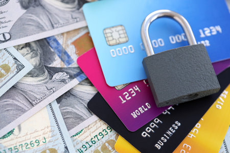 One hundred US dollar bill banknotes and credit cards with padlock. Concept of security and safe...