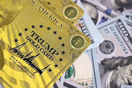 KYIV, UKRAINE - DECEMBER 13, 2025 Trump gold card souvenir on big amount of US hundred dollar bills banknotesのeditorial素材