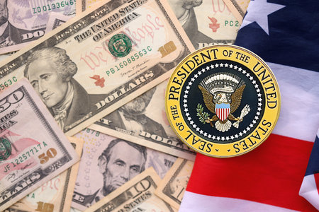 KYIV, UKRAINE - DECEMBER 13, 2025 Seal of the President of the United States sticker on big amount...