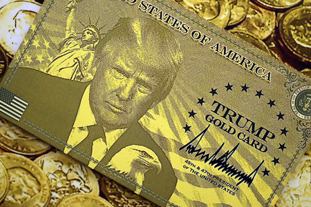 KYIV, UKRAINE - DECEMBER 13, 2025 Trump gold card souvenir on shiny golden coins background print...