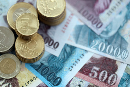 Big amount of Hungarian Forint currency money bills and coins. HUF currency banknotes and coins...
