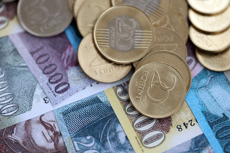 Large amount of Hungarian Forint currency money bills and coins. HUF currency banknotes and coins...
