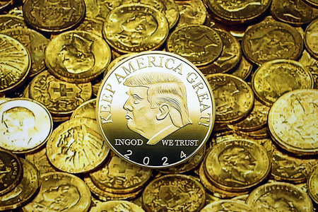 KYIV, UKRAINE - DECEMBER 13, 2025 Trump gold coin on shiny golden coins background print close up