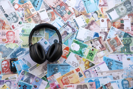 Big black headphones lies of big amount of money bills banknotes from various currencies over the...