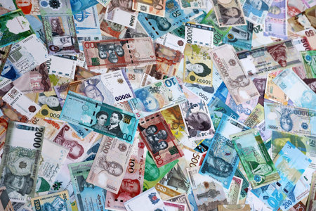 Different colorful banknotes from many various currencies of the world. Currency Exchange concept....