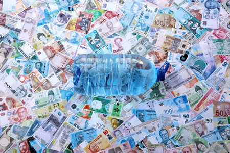 Big plastic bottle of water lies of big amount of money bills banknotes from various currencies over...