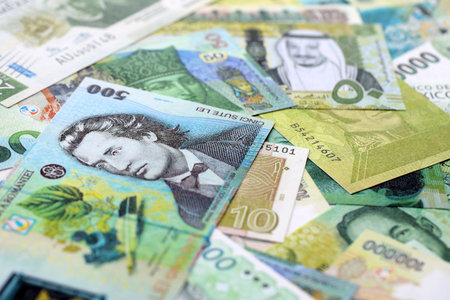 Various currencies money bills banknotes in green color. Many cash bills from different countries in...
