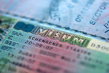 International visa in passport close up view. Schengen visa in passport close upの写真素材
