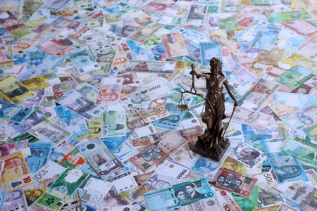 Themis figure against the background of pile of different currencies money bills. Concept of justice and corruption around the worldの写真素材