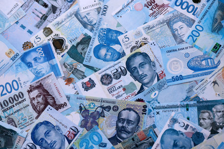 Various currencies money bills banknotes in full frame. Many cash bills from different countries in big pile close up. World economy and currency exchange conceptの写真素材