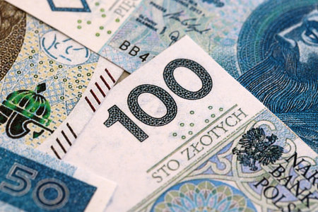Big amount of polish zloty money bills banknotes close up. Huge pile of cash of Poland currency....