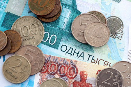 Coins and banknotes of Russian Federation ruble currency. Russia RUB money close up. Business,...