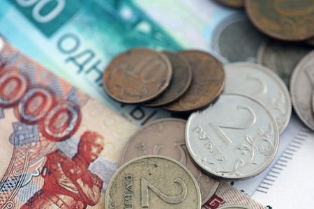 Coins and banknotes of Russian Federation ruble currency. Russia RUB money close up. Business,...