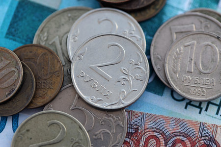Coins and banknotes of Russian Federation ruble currency. Russia RUB money close up. Business,...