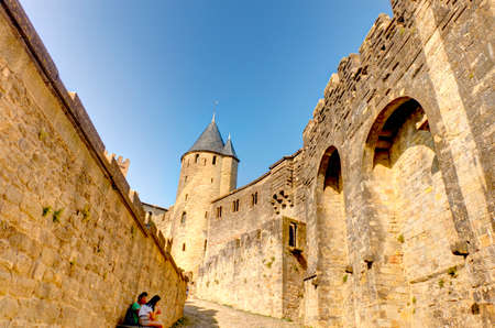 Carcassonne, France - July 2019 : Historical center in sunny weather, HDR Imageのeditorial素材