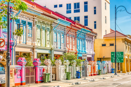 Colorful facades of old buildings in Chinatown in Singapore. Singapore is one of the most popular tourist destinations in the worldの写真素材