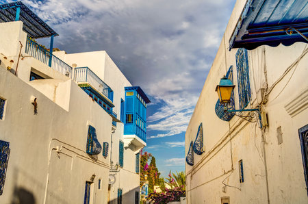 Sidi Bou Said, Tunisia. Street view of traditional Tunisian architecture.の写真素材