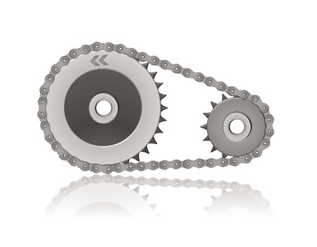 gearwheels and chain illustration reflected on white backgroundのイラスト素材