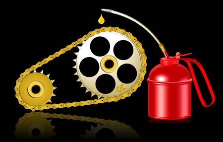 lubricating gearwheel and chain by red oiler on black backgoundのイラスト素材