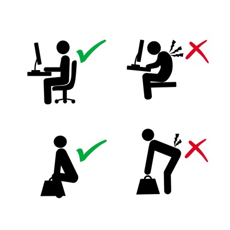 ergonomic posture of computer user and lifting load vs wrong posture in silhouette illustrationのイラスト素材