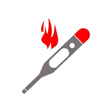 Digital stick thermometer icon shows fever concept by fire flame in red.のイラスト素材