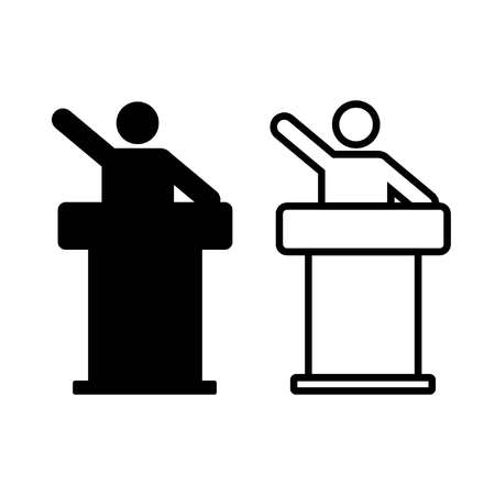 lecture icon shows a lectern and man who speaks in outline and silhouette styleのイラスト素材