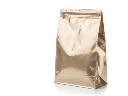 A single, upright, shiny foil storage bag with a zipper at the top, perfect for storing various items.の素材