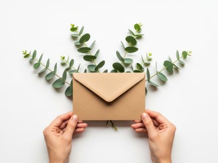 A pair of hands holding a brown envelope with green foliage arranged around it on a plain white background.の素材