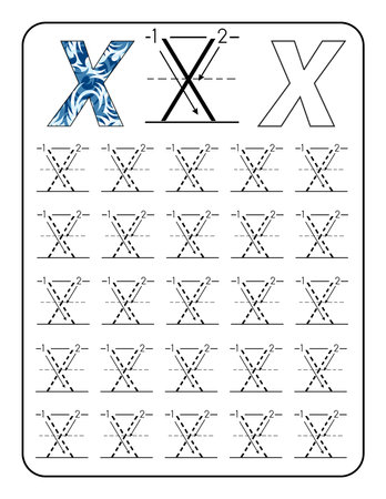 Alphabet tracing worksheet for kids with letter X. Vector illustration.のイラスト素材