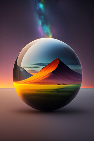 Mountain landscape in a glass sphere. 3D illustration. Sunset.の素材