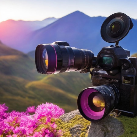 Professional camera on the background of a mountain landscape at sunset. Selective focus.の素材