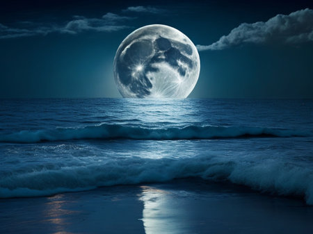 Full moon over the sea. Full moon over the sea at nightの素材