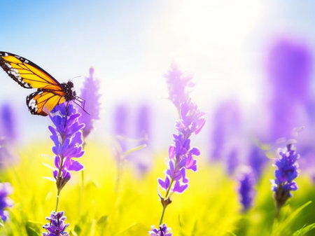 Butterfly on lavender flowers in the meadow with sunlightの素材