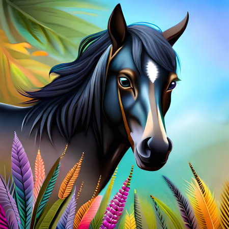 Horse head on the background of tropical plants. Vector illustration.の素材