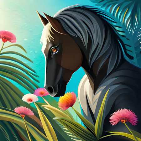 Illustration of a horse in the jungle with flowers in the foregroundの素材