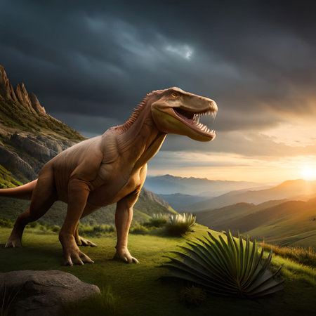 Dinosaur Tyrannosaurus Rex on the meadow at sunset. 3d renderの素材