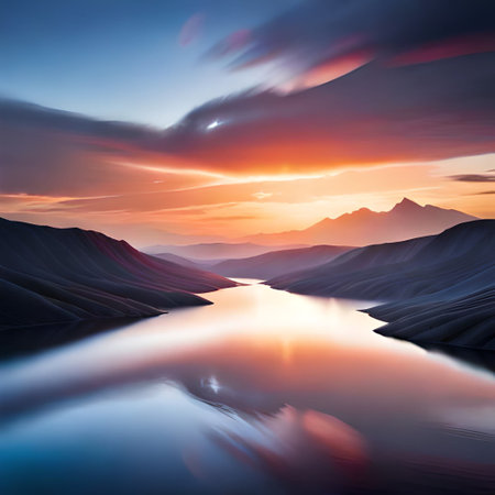 Beautiful sunset over the lake. Landscape with lake and mountainsの素材