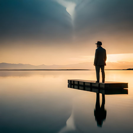 Businessman standing on the edge of a lake and looking at the sunsetの素材