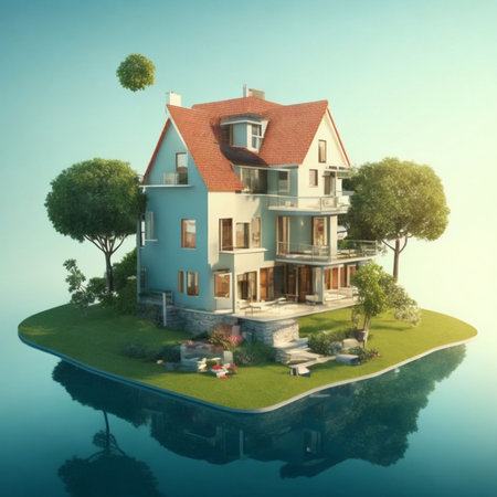 House on the island in the water. 3d render. High quality photoの素材