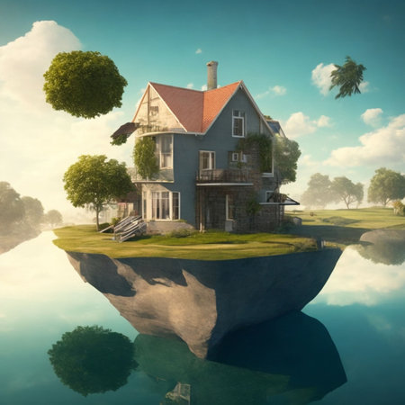 House in the water. 3D render. Conceptual image.の素材