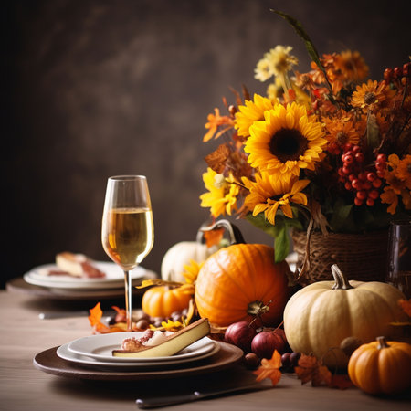 Autumn table setting with pumpkins, berries and wine on dark backgroundの素材