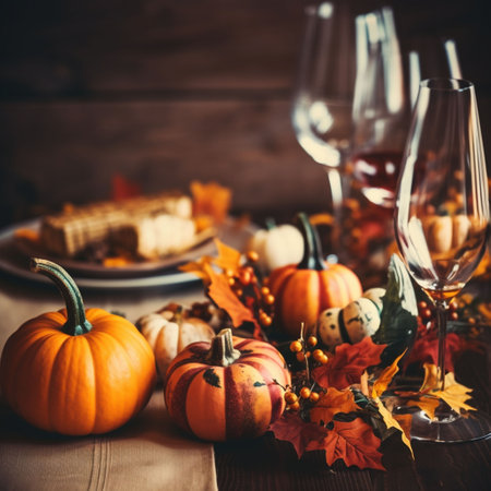 Autumn table setting with pumpkins, berries, leaves and wine glassesの素材