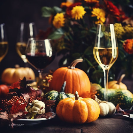 Autumn still life with pumpkins, leaves and glasses of wineの素材