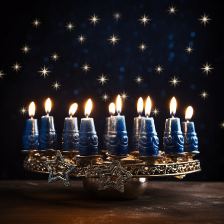 image of jewish holiday Hanukkah background with menorah (traditional candelabra) and candlesの素材