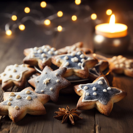 Christmas cookies in the shape of a star on a wooden background.の素材