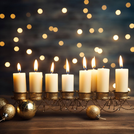 Happy Hanukkah greeting card with burning candles on bokeh backgroundの素材