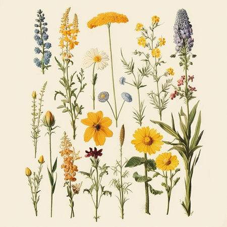 Wild flowers and herbs isolated on white background. Watercolor illustration.の素材