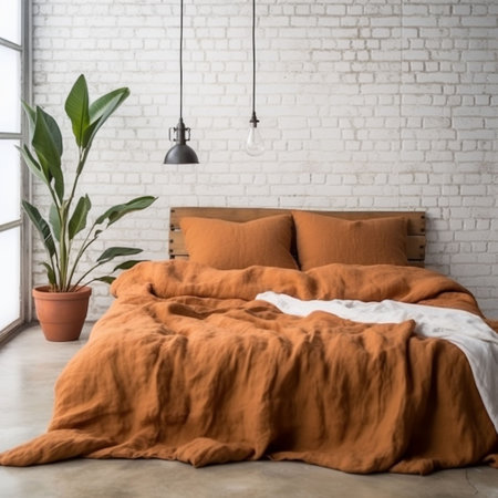 Orange blanket on bed in modern bedroom interior with white brick wall.の素材