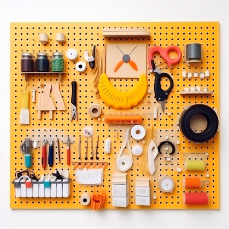Sewing tools and accessories on a yellow background. Top view.の素材